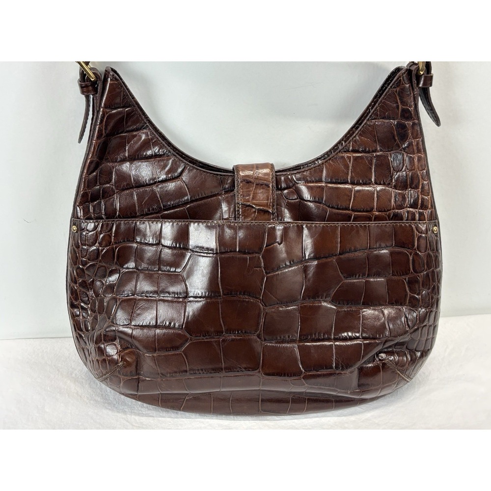 Lauren Ralph Lauren Croc Embossed Leather Hobo Purse Brown Shoulder Bag - Picture 4 of 11